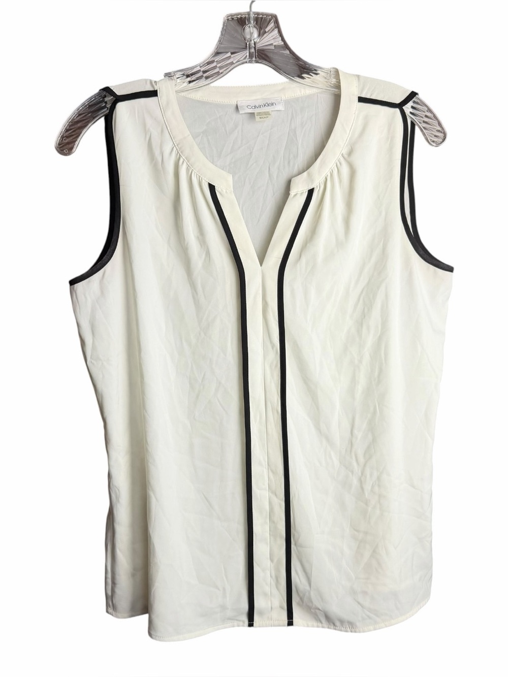 Women Calvin Klein Sleeveless Blouse White Black Outline Sheer Small